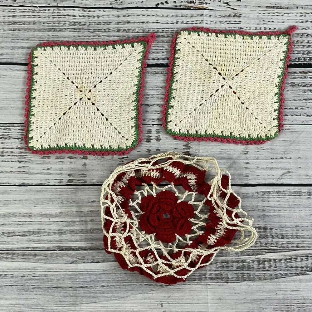 Vintage Lot of 3 Crochet Granny Squares Blanket Afgan Squares Pink & Red Flowers